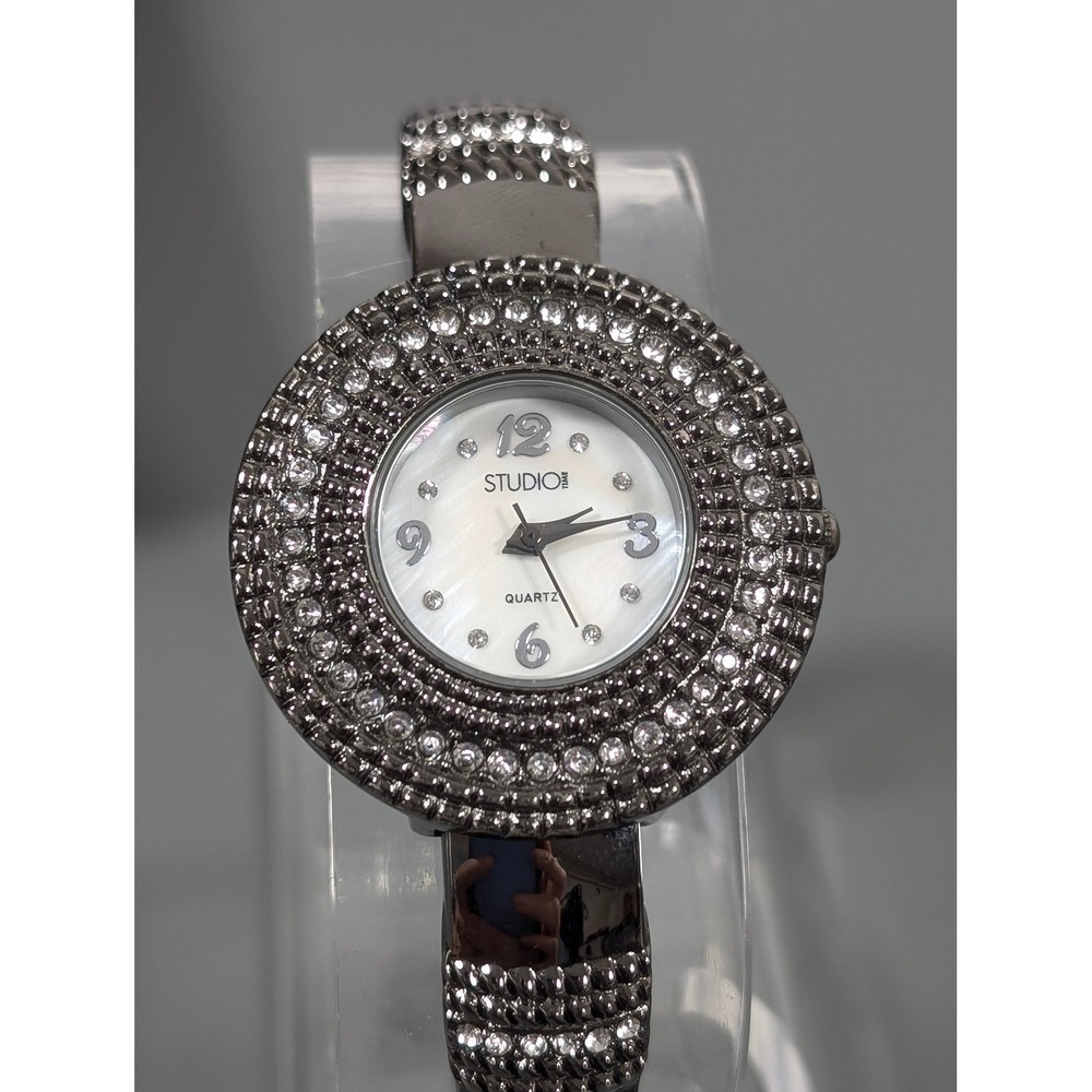 Studio Rhinestone Cuff Watch Silver Gray Statement Wide Bracelet 6"